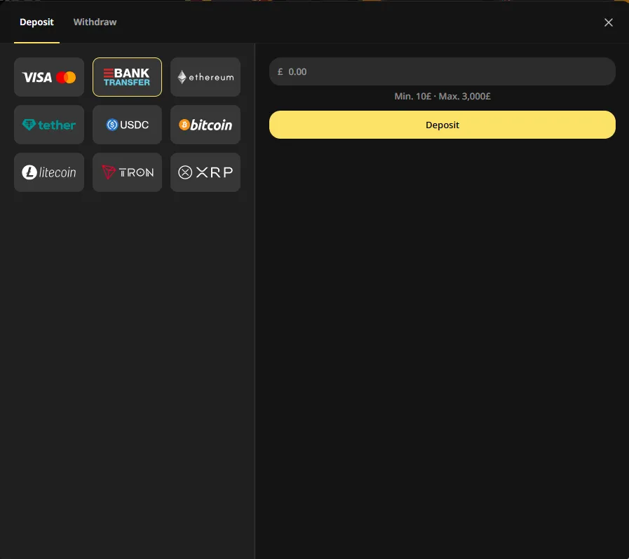Donbet bank transfer deposit screen
