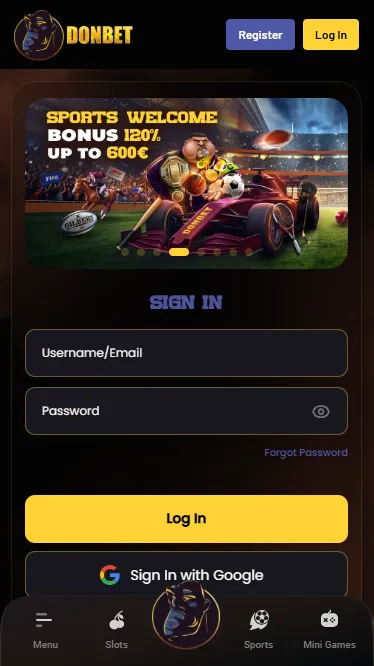 Donbet mobile login screen with username and password fields