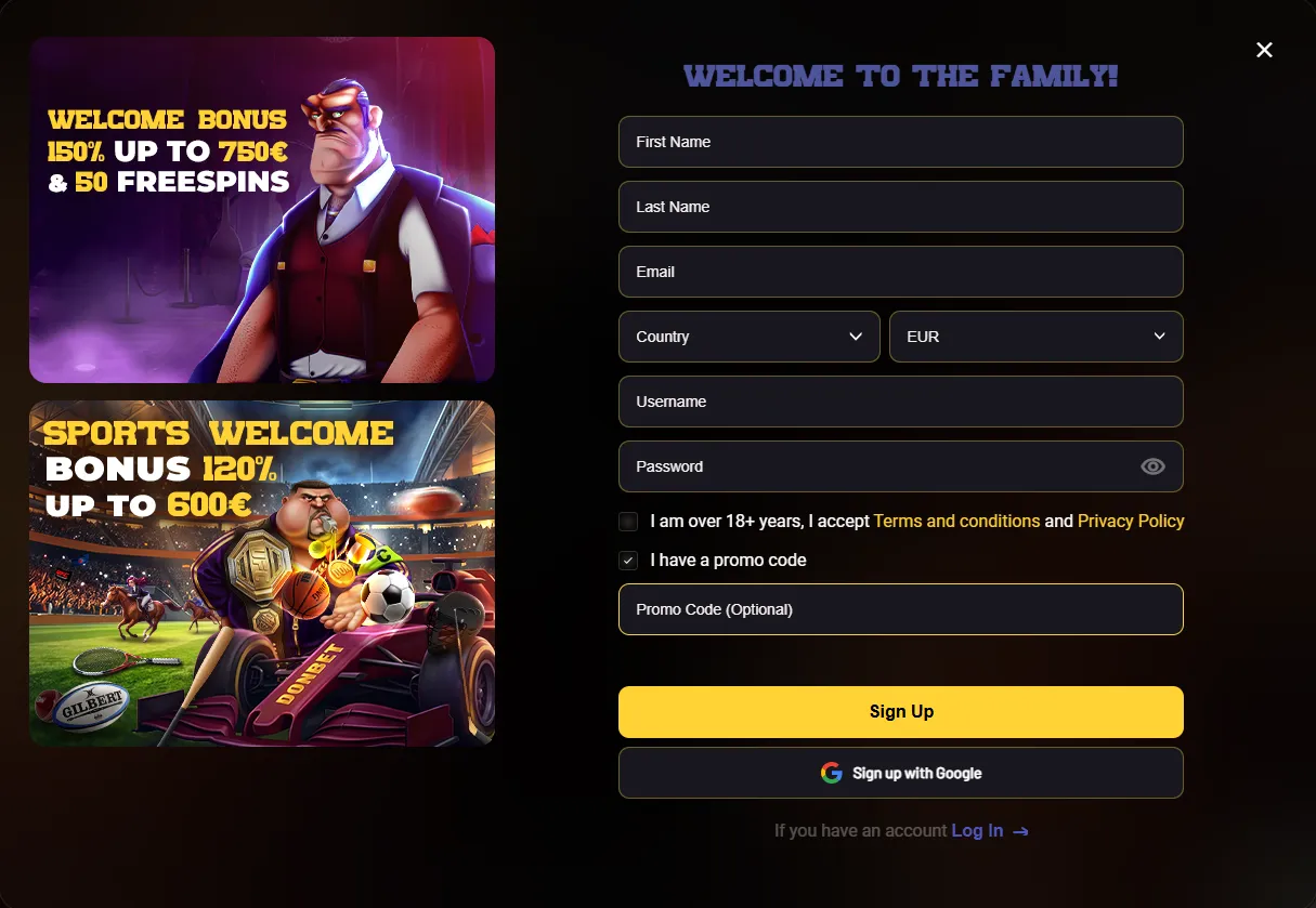 Donbet registration form with the promo code field open