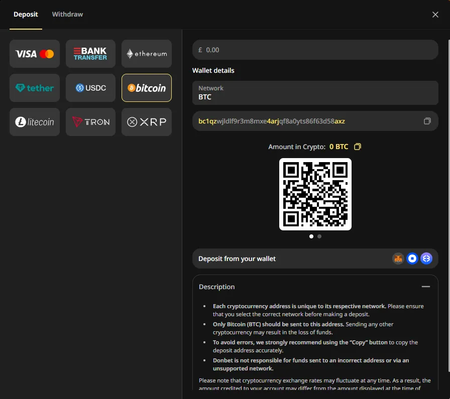 Donbet crypto deposit screen