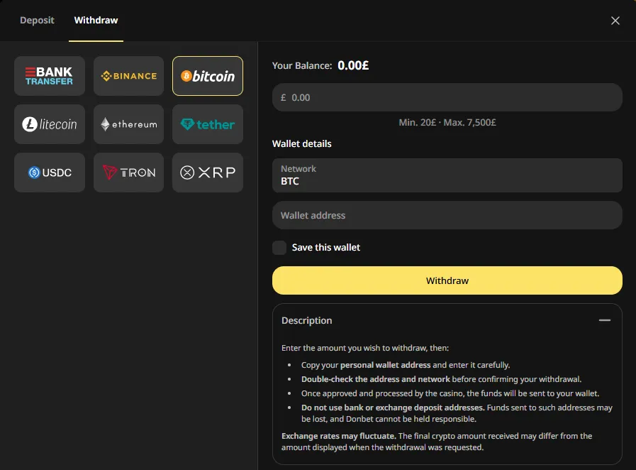 Donbet crypto withdrawal screen