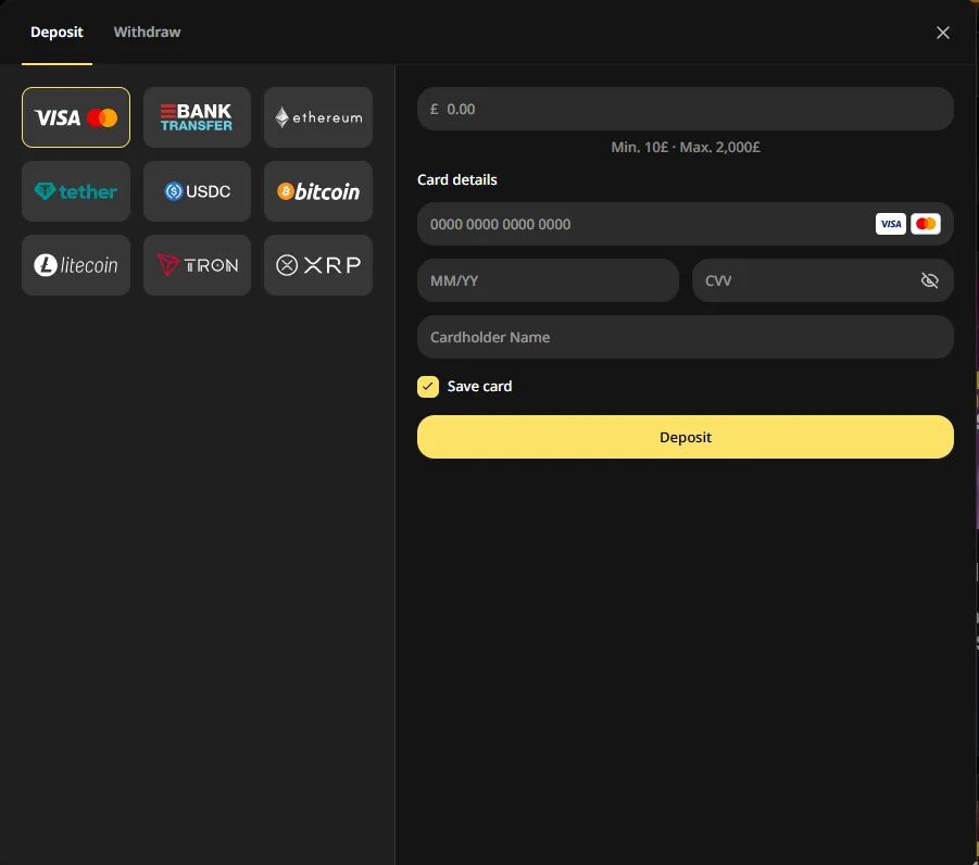 Donbet card deposit screen